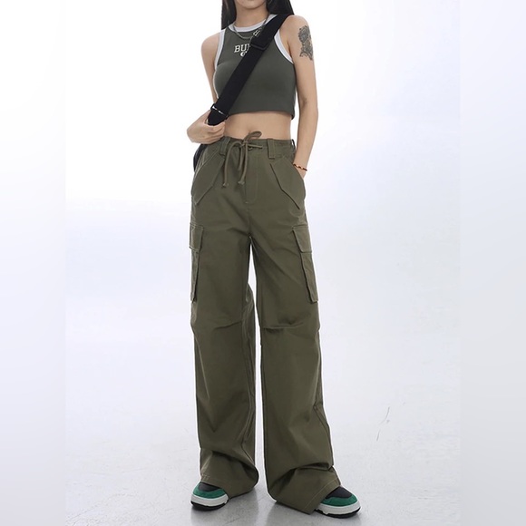 NWT Green cargo pants wide leg with pockets XS S M - Picture 10 of 12
